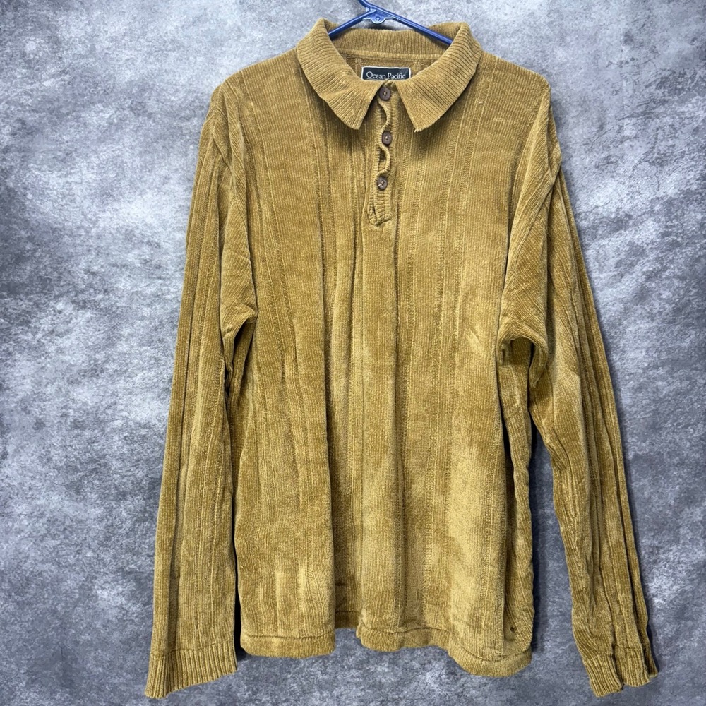 Vintage OP Ocean Pacific Chenille Long Sleeve Polo Shirt Mens Size L Brown 90s